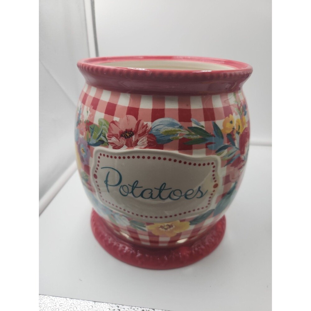 Pioneer Woman Sweet Romance Red & White Gingham Floral Potato Keeper Canister